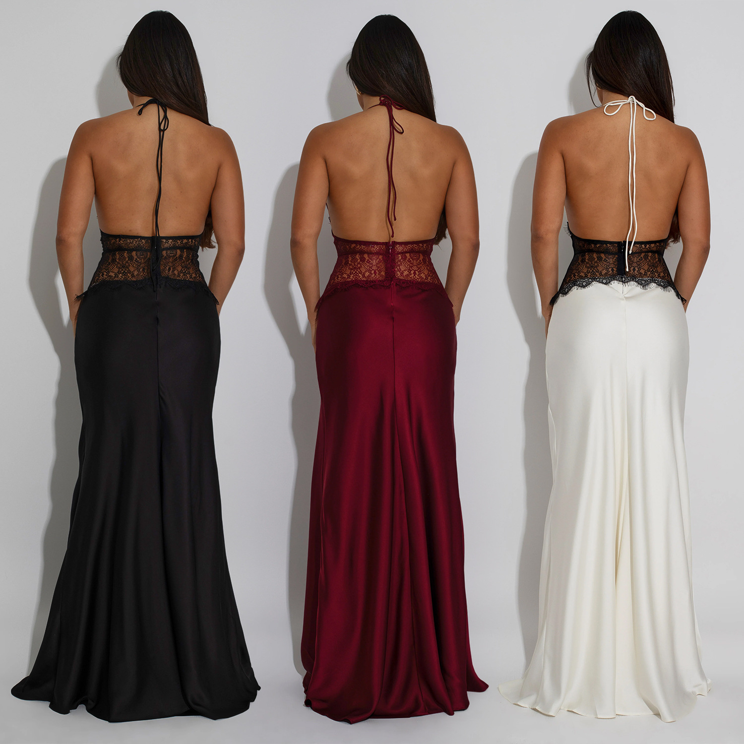 C7546 Aliexpress transfronterizo Amazon Europa y América ropa de moda de mujer sexy encaje de cuello en v vestido de espalda descubierta mujer