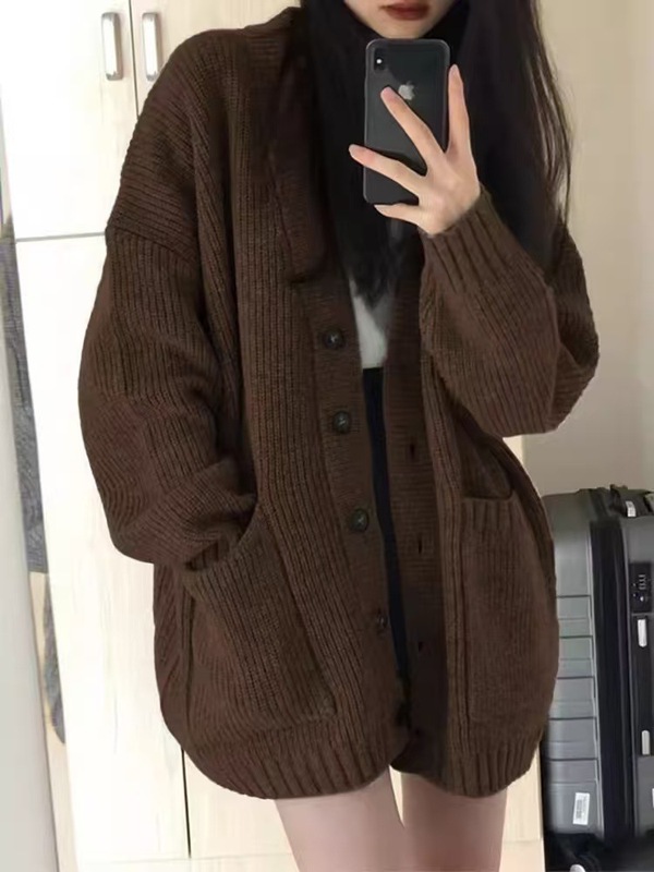 复古慵懒风V领100羊毛中长款毛衣开衫女宽松加厚大码针织上衣打底|undefined