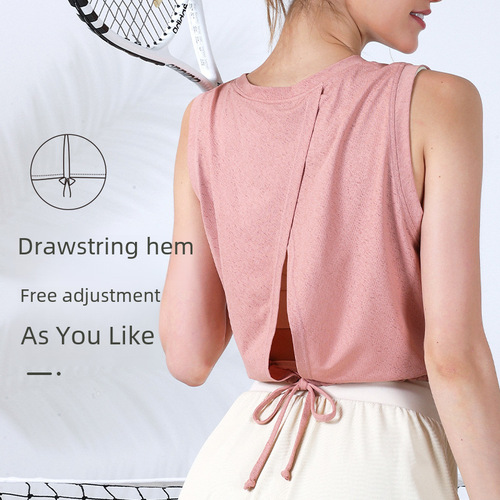 Breathable air-conditioning loose sports tank top drawstring yoga fitness tank top thin fabric running sports T-shirt for women