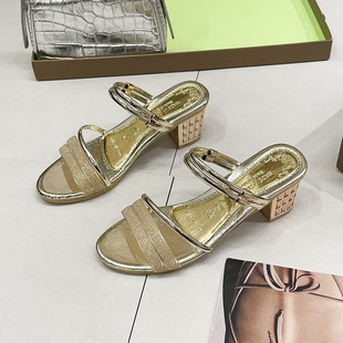 Korean Style Rhinestone Sandals Women's 2024 Summer New Style Thick Heel Open Toe Mid Heel All-Match Shoes Two-Wear Sandals Women's Shoes