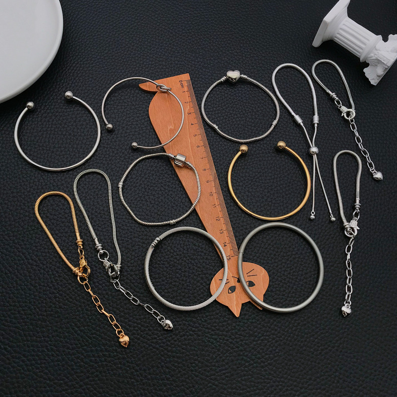 New Creative DIY Handmade Bracelet Double Ball U-Shaped Beveled Edge Open Bracelet Panjia Basic Snake Bone Chain Adjustable Bracelet