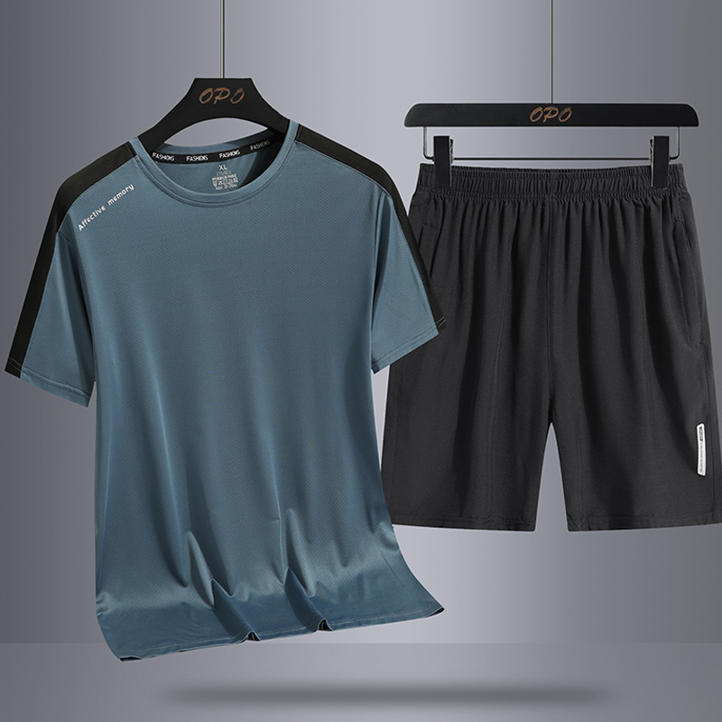 Traje deportivo de verano para hombre de seda de hielo casual suelto de dos piezas nuevo transpirable de secado rápido al aire libre cuello redondo Camiseta pantalones cortos