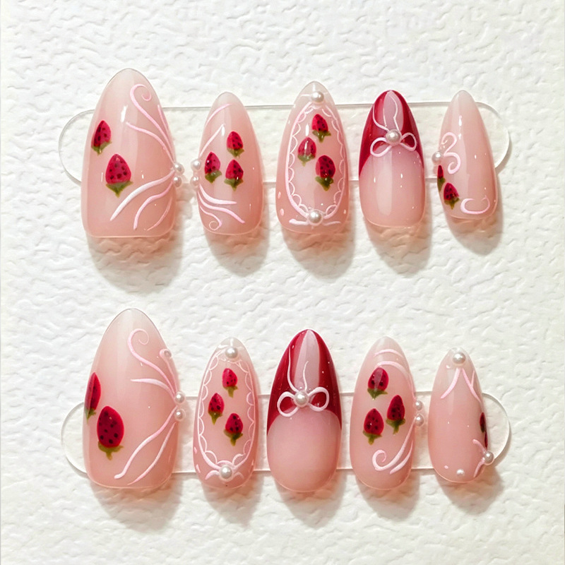 30 pieces of new cross-border European and American daily-use almond-shaped press-on nails with painted strawberry blush and ribbons, wholesale in stock 30 pieces of new cross-border European and American daily-use almond-shaped press-on nails with painted strawberry blush and ribbons, wholesale in stock