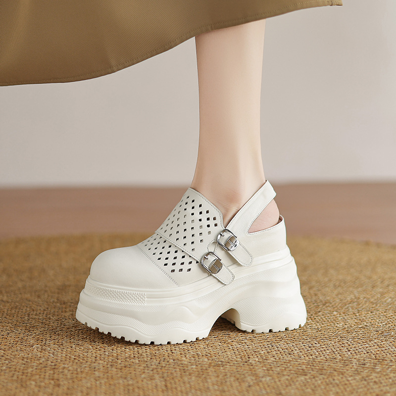 Sandal cao gót nữ đế xuồng 12cm bít mũi hở gót phong cách La Mã — Màu đen, Màu trắng