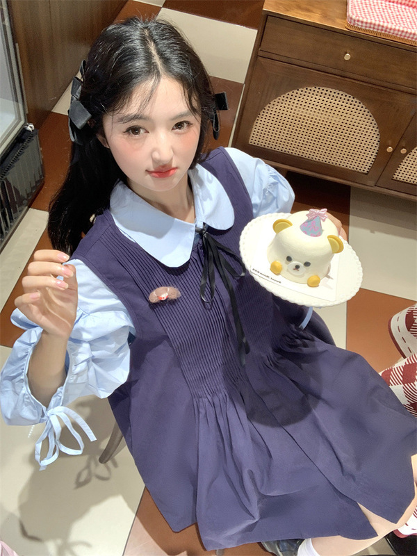 实拍~新款韩系甜美减龄重工压褶立体配饰背心连衣裙+百搭娃娃衬衫|undefined