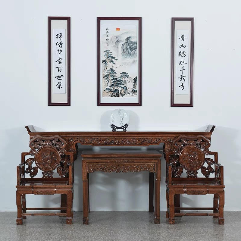 Solid Wood Lingzhi Zhongtang Six-Piece Set of Antique Carved Strips, Altar Table, Rural Hall, Eight Immortals Table, Teacher Chair, Buddha Table