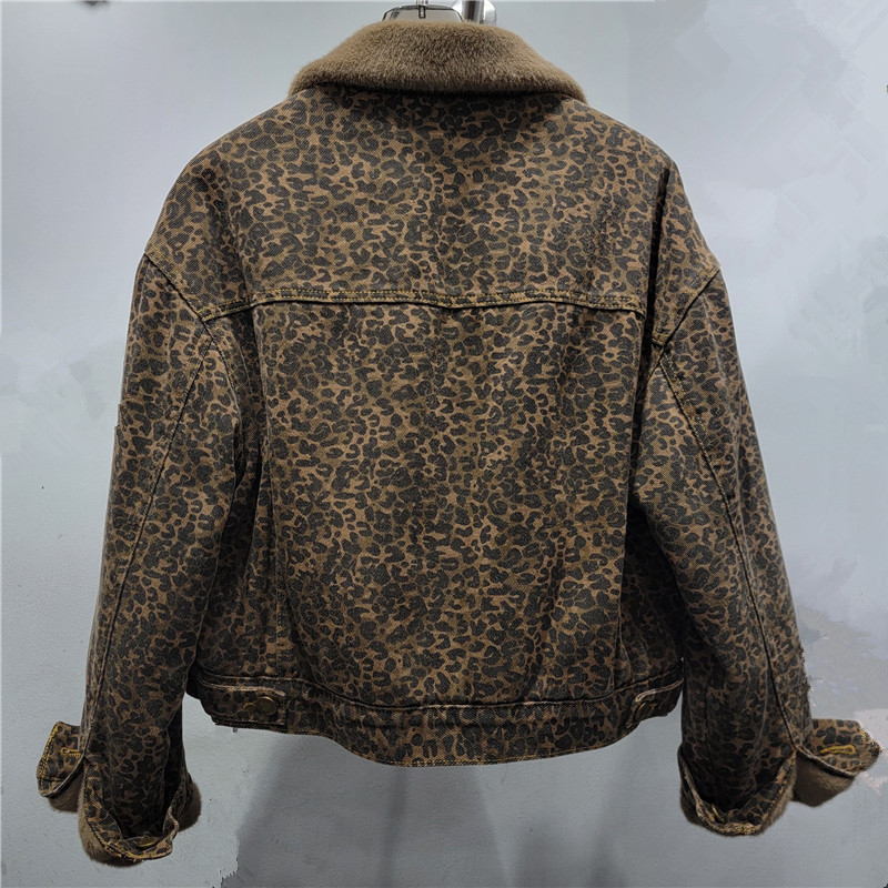 Women's Clothing Mink Leopard Print Thickened Denim Short Jacket Winter Slim Warm Tops_voghion.com
