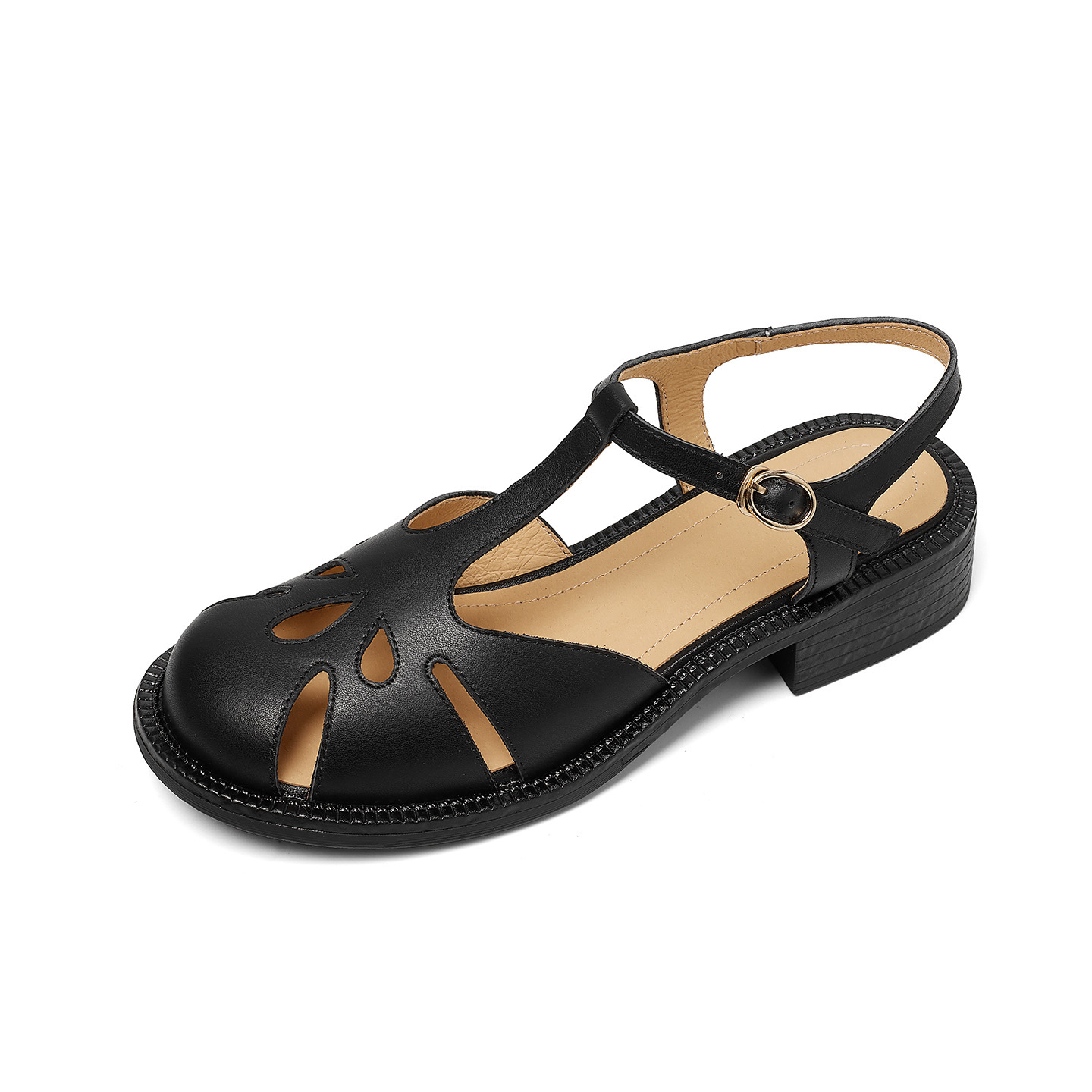 Sandal nữ da bò kiểu La Mã quai chữ T gót thấp — màu nâu chi tiết 19