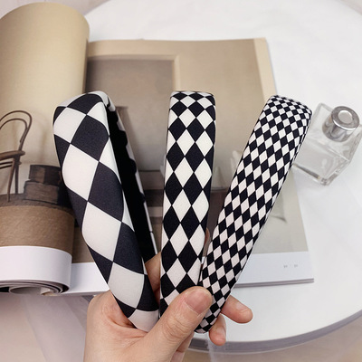 RUDAN Korean Edition new pattern black and white Chessboard grid Hair hoop ins Fabric art Broadside Head hoop sponge girl Hairdressing