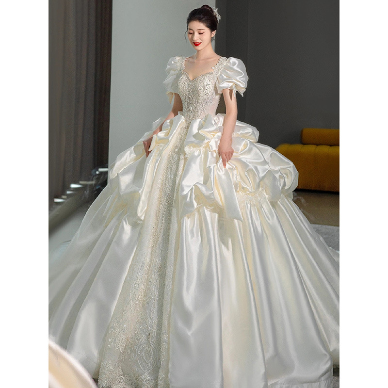 Satin Main Wedding Dress 2025 New Bride Classy Tail Dress Classy Heavy Industry French Summer Pregnant Women D105