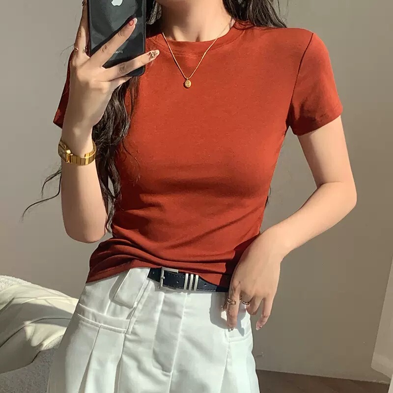 Live high quality Solid Color Shoulder Crewneck Fashion All-match Slim-fit Slim Look Stylish Top