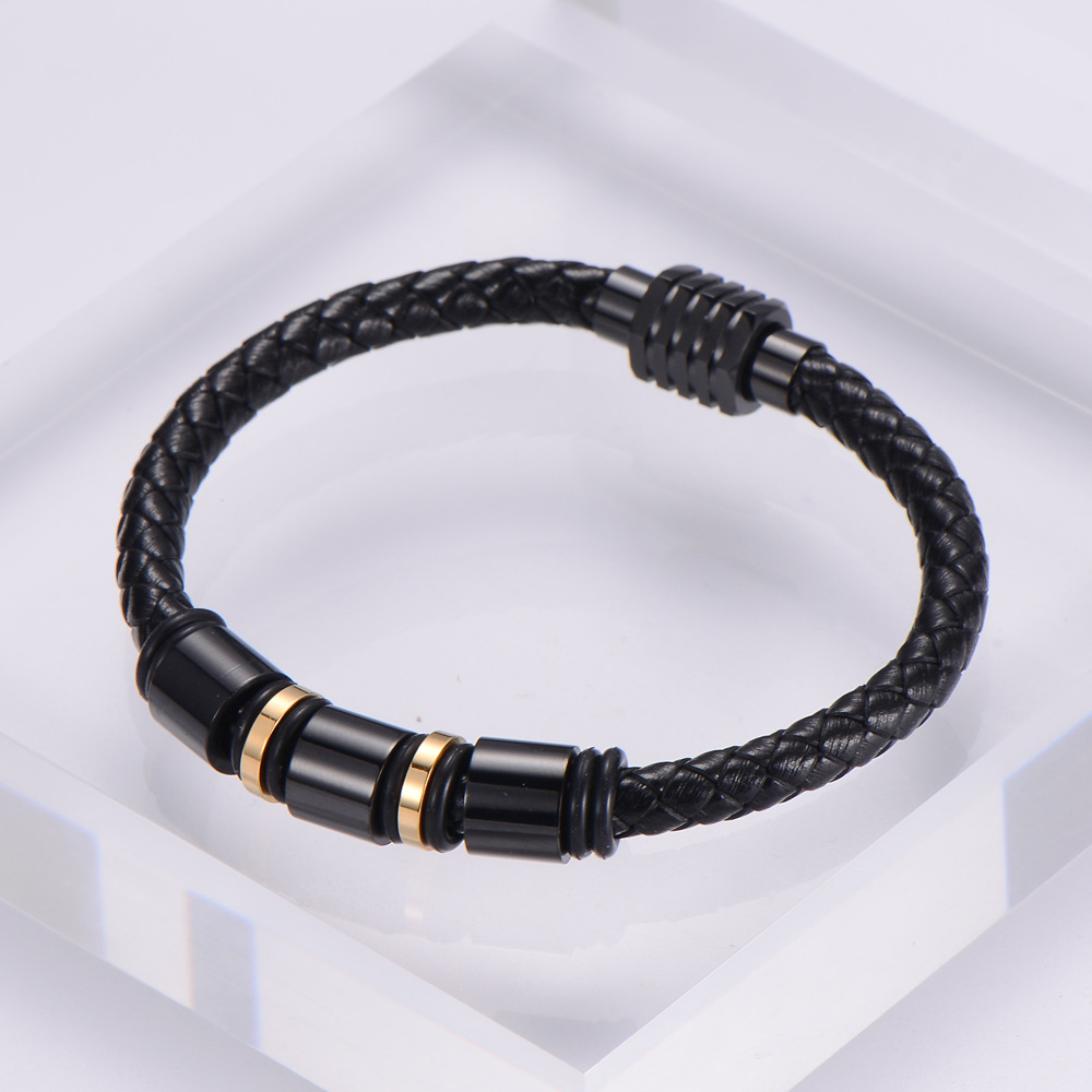 18K Gold Plated Plating Material Simple Style 304 Stainless Steel No Inlaid 18K Gold Plated Vacuum Plating Unisex Men Cord & Leather Bracelets
