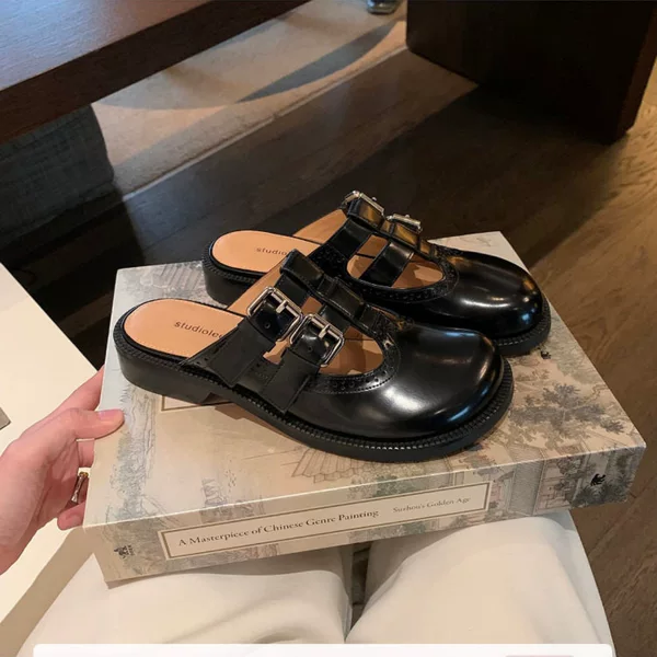 In Stock~ Internet Celebrity Style Versatile Cowhide Large-Toe Double-Buckle Slip-On Carved Mary Jane Half-Mules for Women Spring/Summer