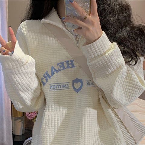 Polo americano waffle suéter mujeres primavera y otoño diseño sentido nicho estilo coreano flojo perezoso bordado superior