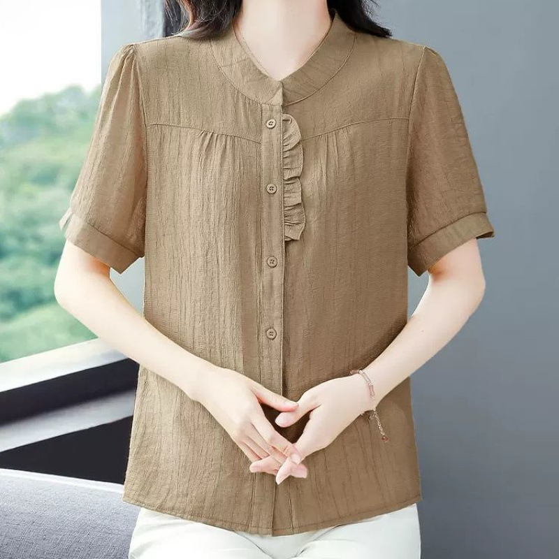 氷の糸のしわのシャツの新しい中国式の女性の半袖の夏の2025新型のお母さんの小さいシャツはゆったりとしていて腹を覆います。|undefined