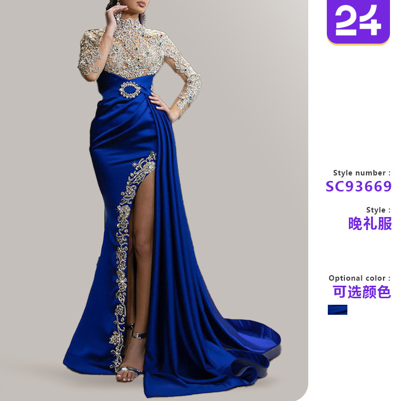 2026 European and American Foreign Trade New Amazon Women's Dress Blue Gold-Spattered Slit Patchwork Half-High Collar Evening Gown 2026 European and American Foreign Trade New Amazon Women's Dress Blue Gold-Spattered Slit Patchwork Half-High Collar Evening Gown
