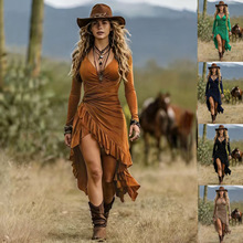 欧美跨境亚马逊女式中长波西米亚褶皱木耳荷叶边不规则连衣裙