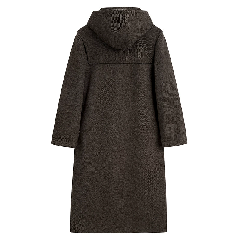 Длинное шерстяное пальто, утеплённый зимний тренч, макси длина, plus size — с капюшоном и застёжками