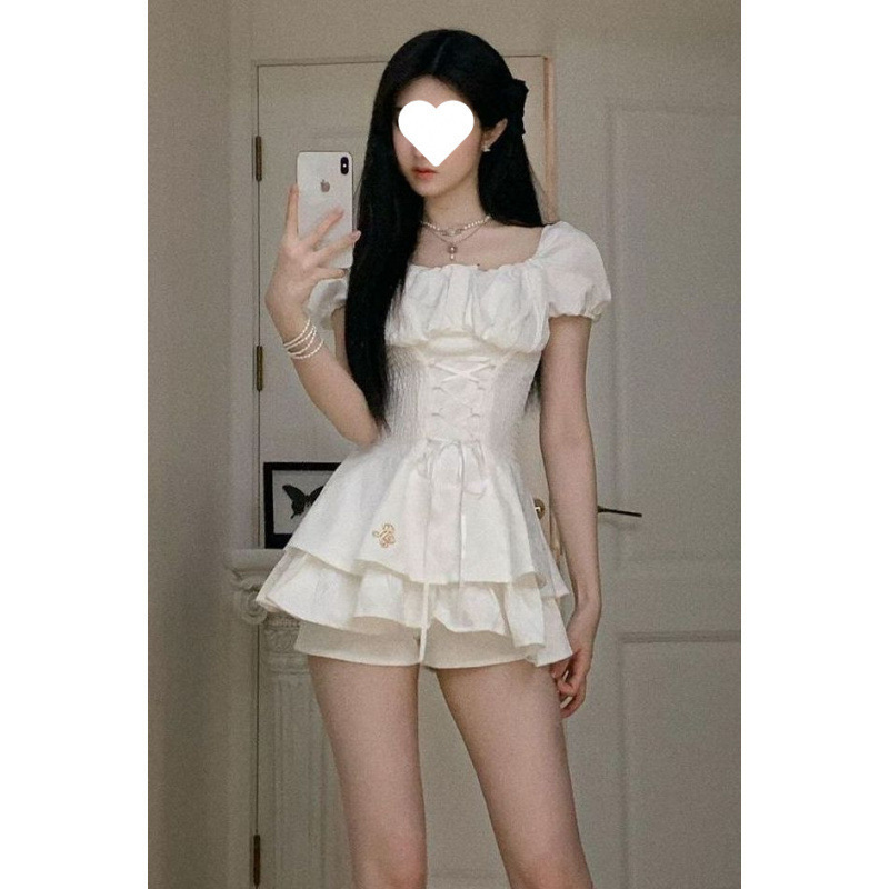 Celebrity Daughter Style Waist Slimming Puff Sleeve Cake White Dress with White Shorts Two-Piece Suit for Women