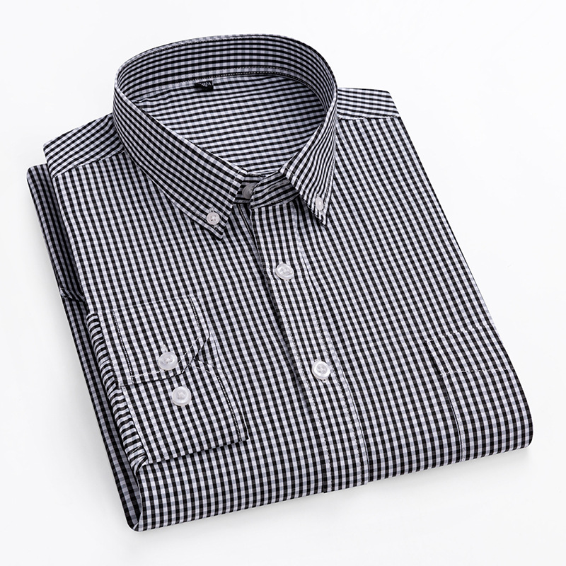 Camisa de manga larga para jóvenes de moda a cuadros pequeños totalmente de algodón, camisa informal ajustada de cuadros pequeños con cuello vuelto urbano de negocios
