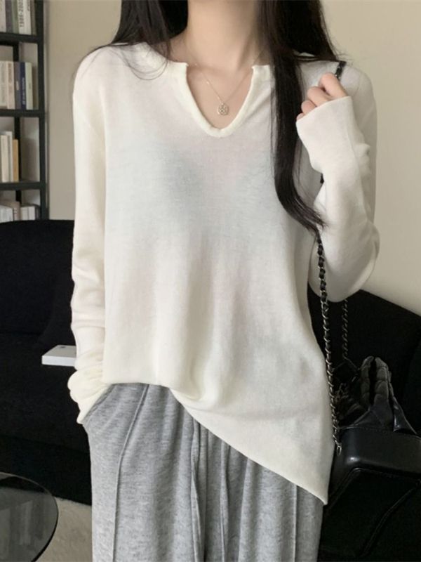 小香风灰色长袖V领T恤女秋冬季甜美显瘦打底衫宽松百搭针织衫上衣|undefined