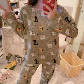 亚马逊批发春秋款睡衣女长袖套装圆领日系可爱小猫女士家居服跨境