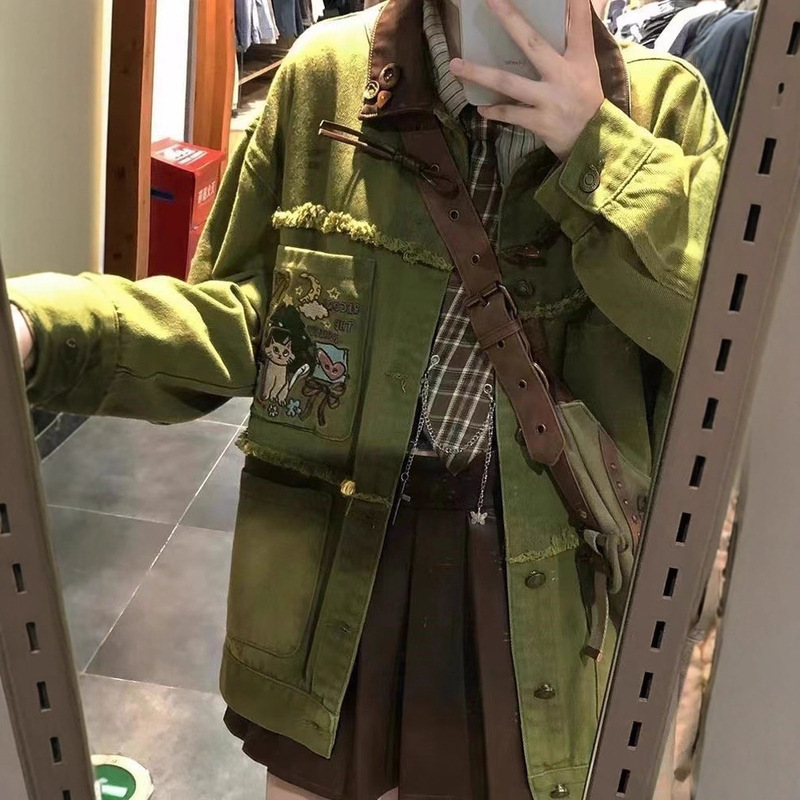 Women's Denim Jacket Spring and Autumn New Hong Kong Style Retro Korean High Street Vintage Embroidered Turn-Down Collar Student Versatile Jacket Trendy Women's Denim Jacket Spring and Autumn New Hong Kong Style Retro Korean High Street Vintage Embroidered Turn-Down Collar Student Versatile Jacket Trendy