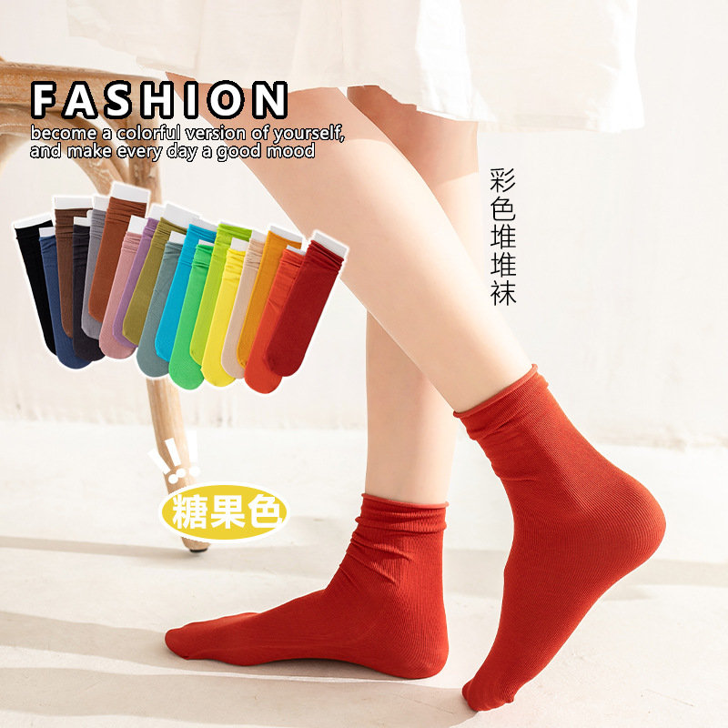 Calcetines de pila de las mujeres color caramelo curling boca suelta calcetines de maternidad padre-niño color brillante color sólido estilo de la Universidad media-pantorrilla al por mayor
