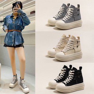 2025 Korean Style Casual Martin Boots for Women, Canvas Shoes, New Autumn Lace-Up Short Retro Square Toe Breathable Height-Increasing
