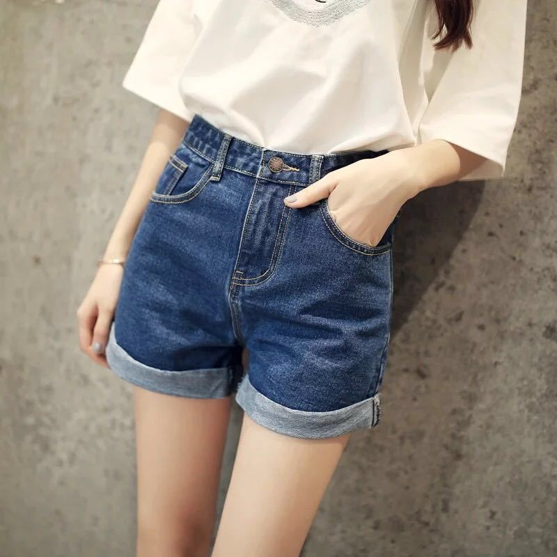 Summer New Korean Style Belt Turn-up High Waist Wide Leg Denim Shorts Women's Summer Fashionable Loose Ins Hot Pants