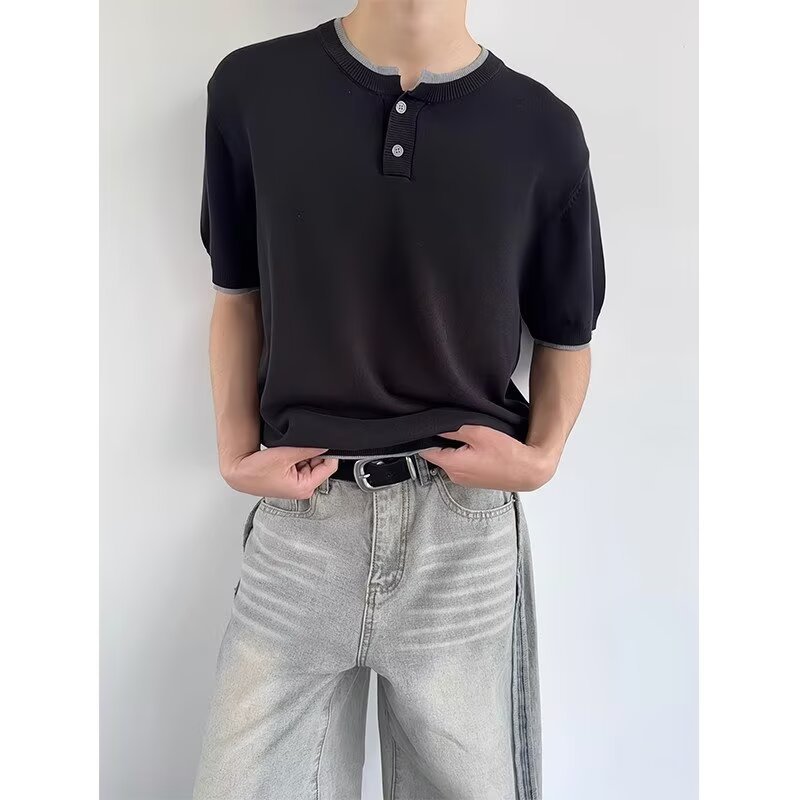 Camisas de punto de estilo antiguo camiseta de manga corta de hombre de color falso dos piezas de collar Henry seda de hielo de verano fábrica transfronteriza mayorista