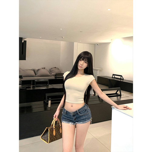 Cross-border Southeast Asia Show Off Body Short Sleeve T-shirt Base Solid Color Short-sleeve Top 62169
