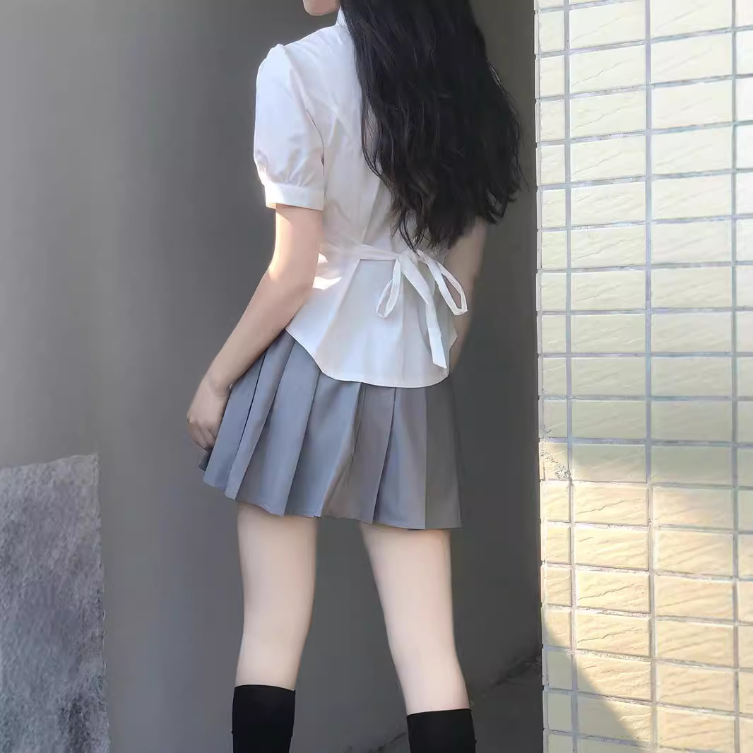 JK Uniform Waistline Short-sleeved Shirt College Style Spice Girls All-match Puff Sleeve White Shirt Design Sense Slim Top