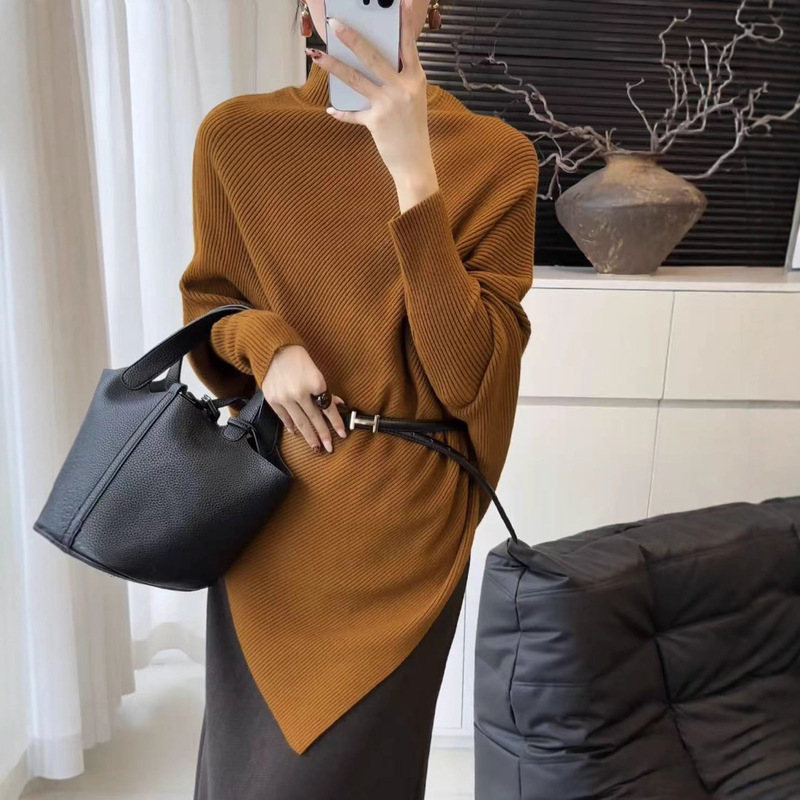High-End Lazy Style Half Turtleneck Pullover Asymmetrical Bat Sleeve Sweater Design Elegant Knitted Cape Shawl