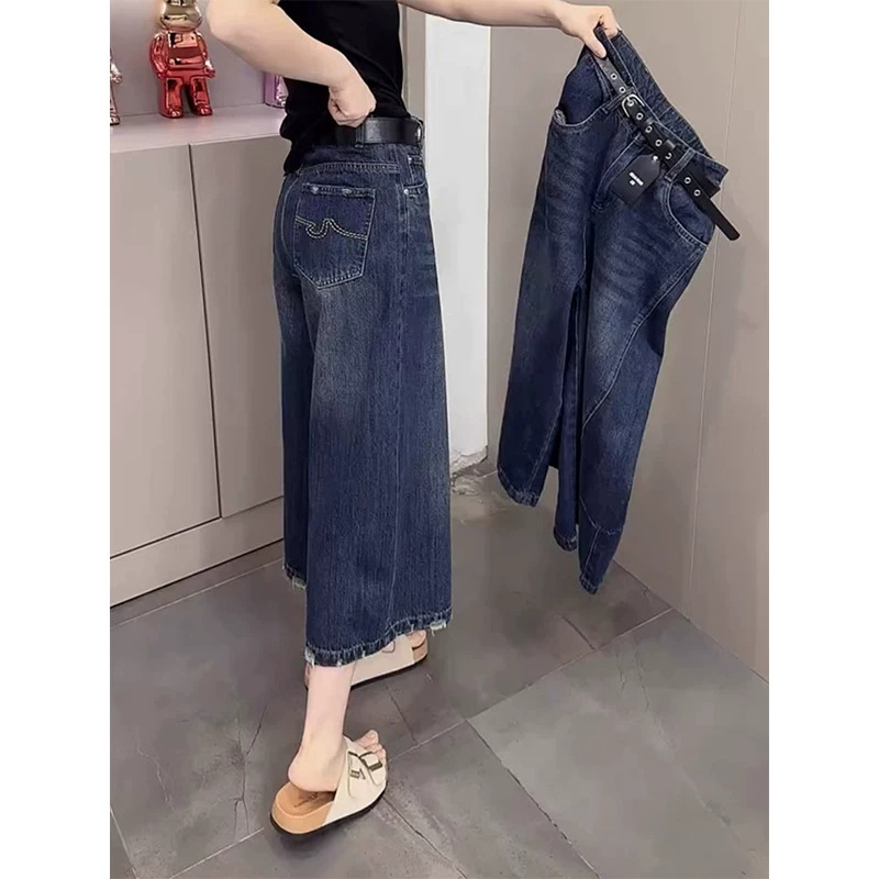 Plus-Size Vintage Blue Cropped Jeans for Women, Summer 2026, Loose High-Waisted Slimming Straight Wide-Leg Mid-Length Pants