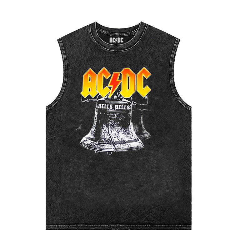 Summer new ACDC band rock punk retro distressed washed waxed street loose sleeveless T-shirt