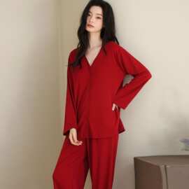 春秋新款爽棉拉架女长袖长裤开衫睡衣大红结婚喜庆女家居服