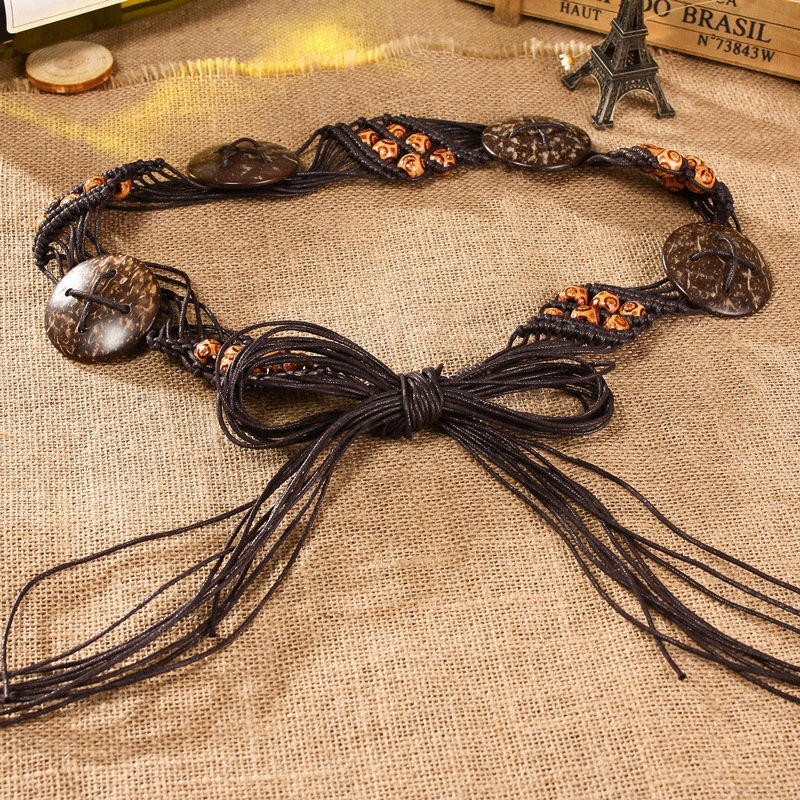 Ethnic retro trend belt, woven waist rope with tassels, trousers, ethnic style