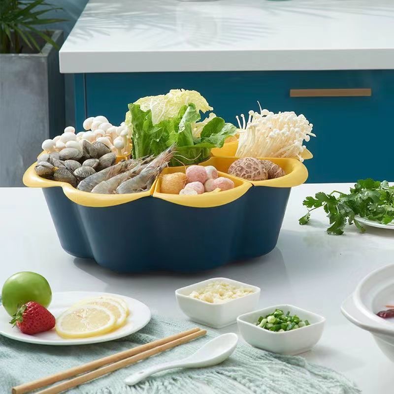 Rotatable Divided Drainage Basket, Hot Pot Preparation Tray, Multifunctional Kitchen Storage Basin, Plastic Divided Ingredient Tray