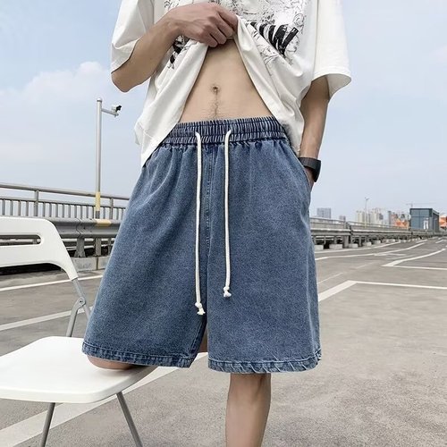 Summer Retro Stretch Waist Denim Short Shorts for Men Korean Style Trend Brand Youth Loose Straight Leg Casual Wide Leg Jeans