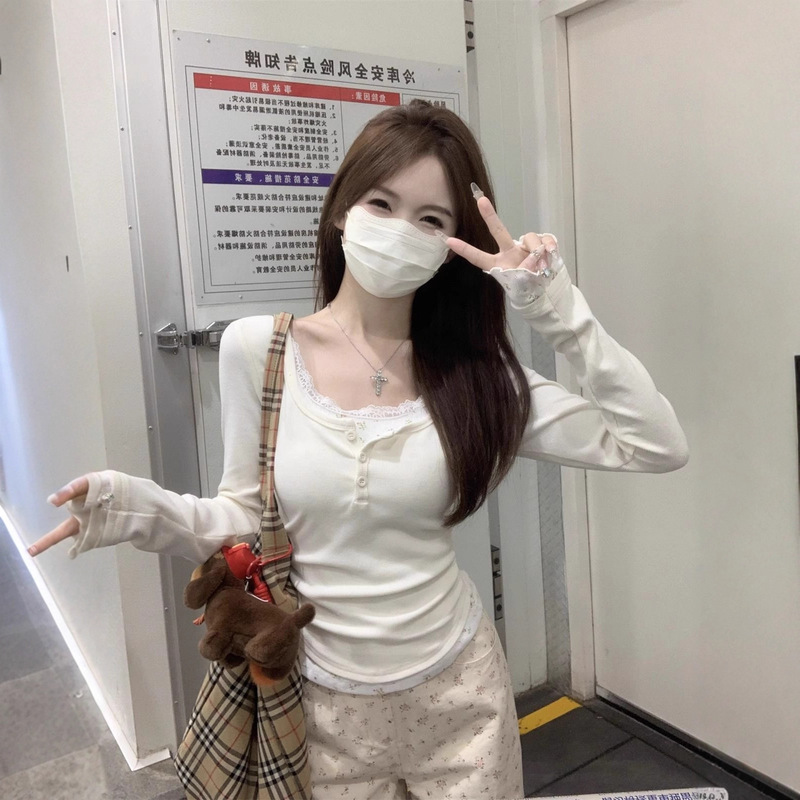 辣妹纯欲风碎花拼接长袖T恤女春秋修身显瘦短款设计感假两件上衣|undefined