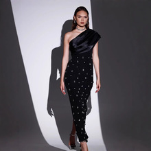 2024跨境爆款欧美连衣裙 性感斜肩钉钻长款收腰显瘦成人礼服