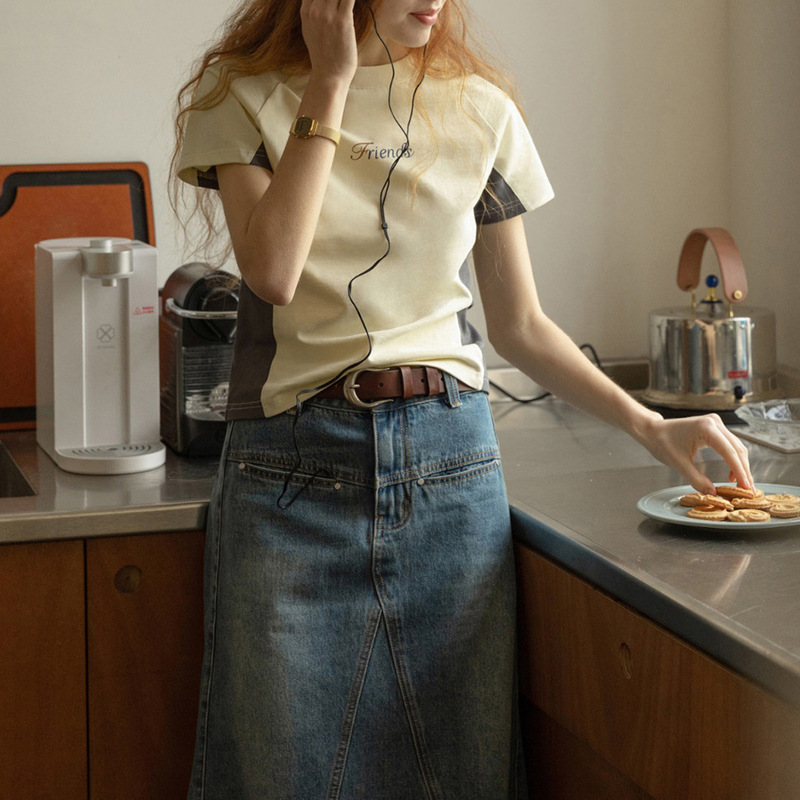 French Contrast Raglan Sleeve Retro T-shirt Women's 2024 Summer New Short Sleeve Thin Sportswear Top