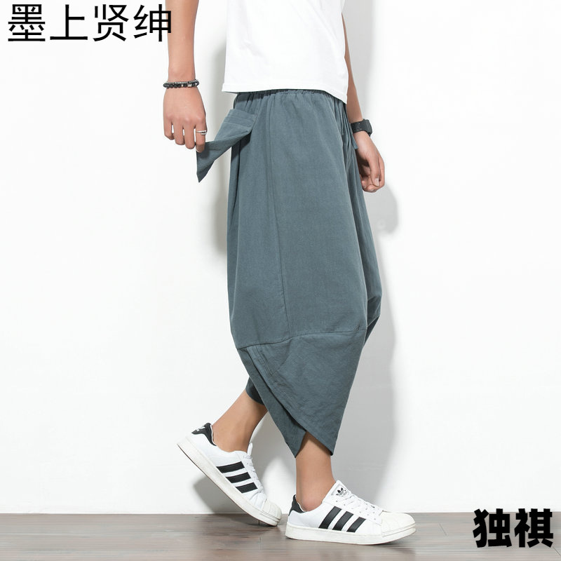 2024 pantalones cortos de lino de verano japonés para hombres, pantalones harem de pierna ancha de algodón y lino de gran tamaño casual de color sólido fábrica