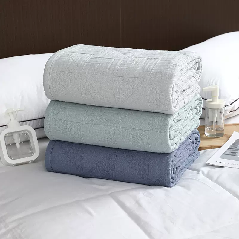 图强跨境全棉素色简约盖毯 舒适透气午睡毯纯棉毛巾毯批发