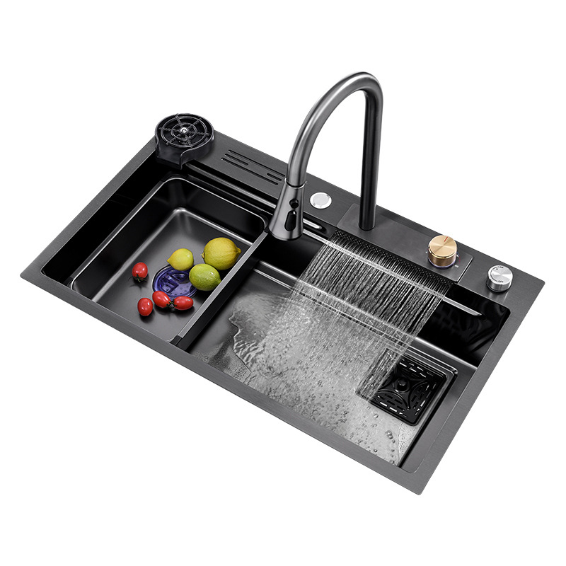 Fregadero de cocina grande de un solo tanque Feiyu Waterfall Pantalla digital Nano Acero inoxidable engrosamiento Lavado de verduras Fregadero Multifunción debajo del escenario