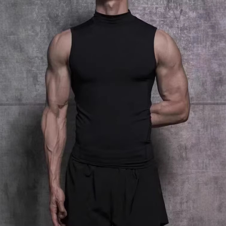 Solid Color Slim Fit Half-High Collar Tank Top Men's T-Shirt, Wide Shoulder Sleeveless Base Shirt, Gym Sports Tee Top
