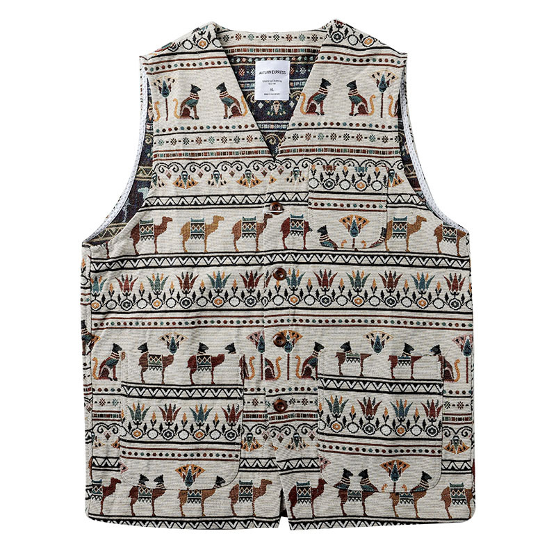 秋季新款重磅古埃及文明民族风提花马甲宽松V领背心开衫外搭坎肩