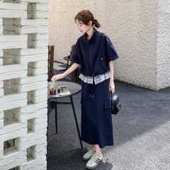 ネイビーブルーレーススプライシングスカートスーツ女性のための夏の2025新しい作業服超見栄えの良いカジュアル痩身2点セット