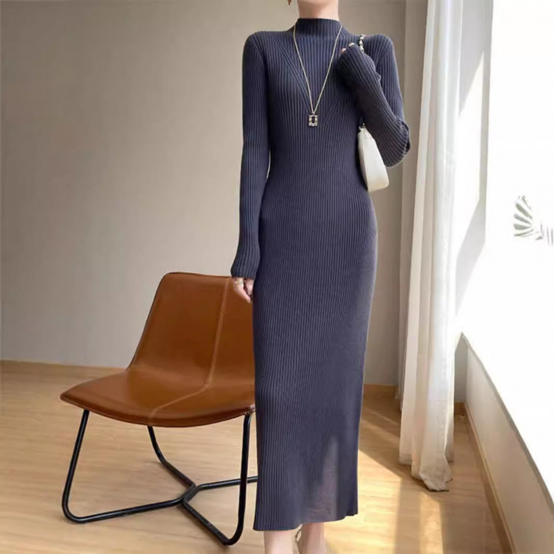 Autumn and Winter New Half-turtleneck Knitted dress Women's Slim-fit Slimming Inner Long Base Sweater Over-knee Hip Skirt